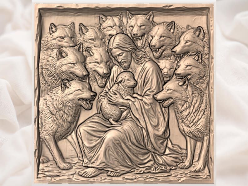 Christ Shielding a Lamb in a Ring of Snarling Wolves STL bas-relief STL — view 3