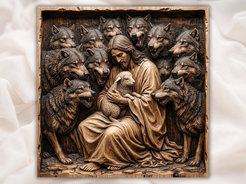 Christ Shielding a Lamb in a Ring of Snarling Wolves STL bas-relief STL design