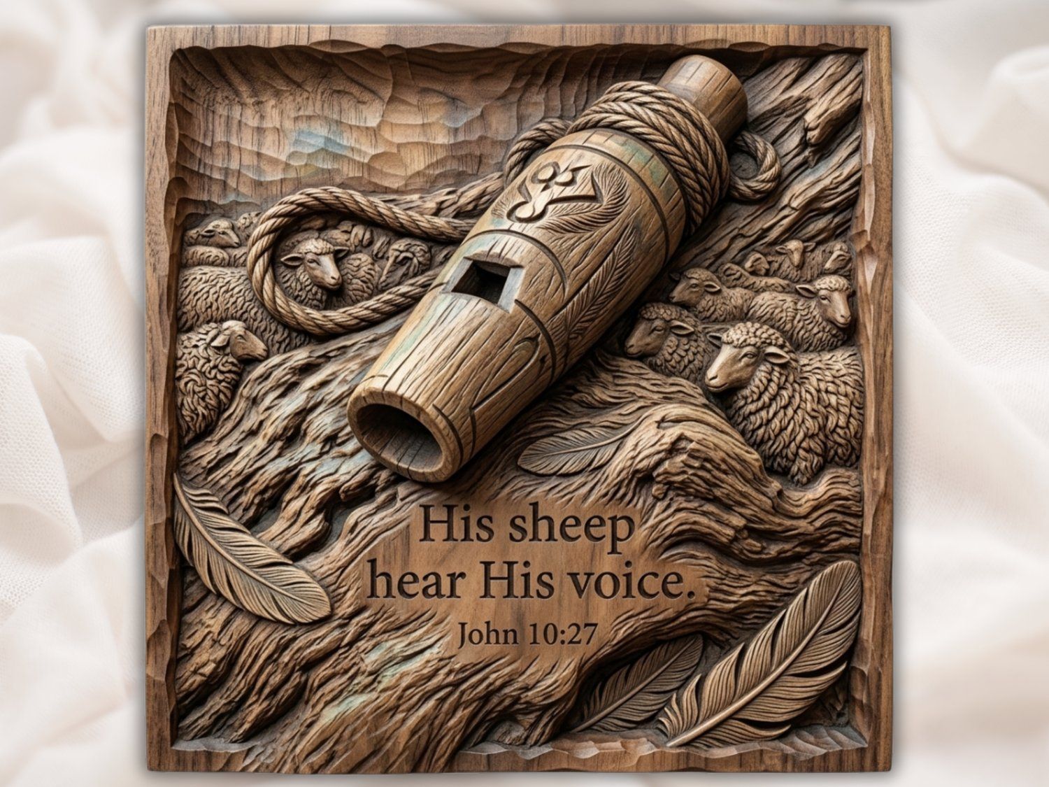 John 10:27 Good Shepherd Whistle and Sheep CNC Relief STL bas-relief STL design