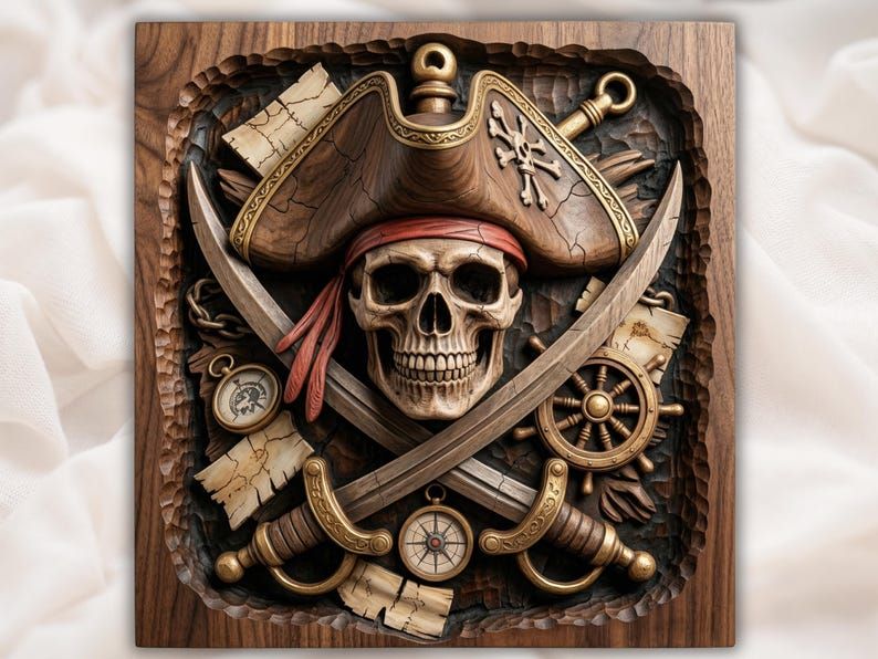 Bas-relief carving of a pirate skull in a tricorn hat with crossed sabers, ship wheel, compass, and treasure maps