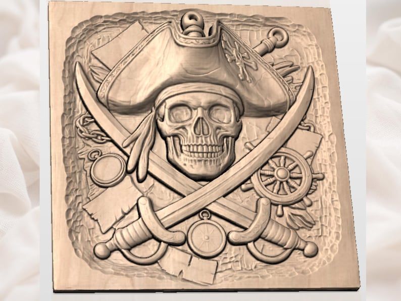 Pirate Skull and Crossed Sabers Bas-Relief STL Carving bas-relief STL — view 2