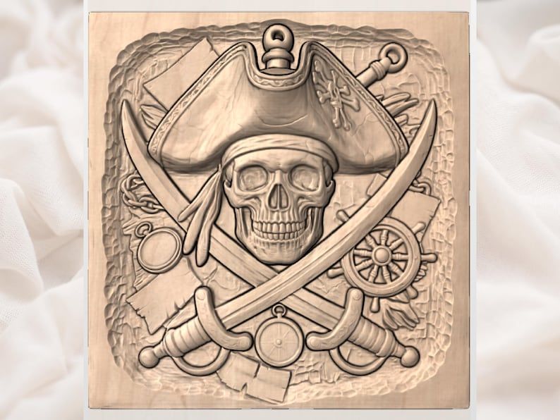 Pirate Skull and Crossed Sabers Bas-Relief STL Carving bas-relief STL — view 3