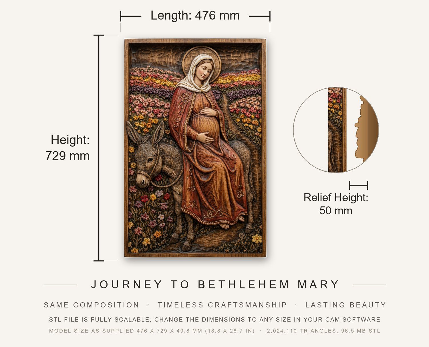 Journey to Bethlehem Mary CNC Relief STL bas-relief STL — view 3
