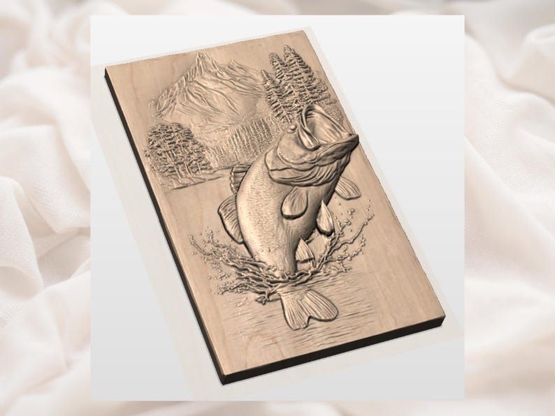 Jumping Largemouth Bass STL with Mountain Lake Scene Relief bas-relief STL — view 2