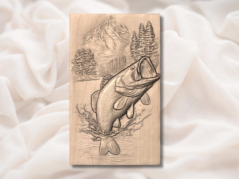 Jumping Largemouth Bass STL with Mountain Lake Scene Relief bas-relief STL — view 3