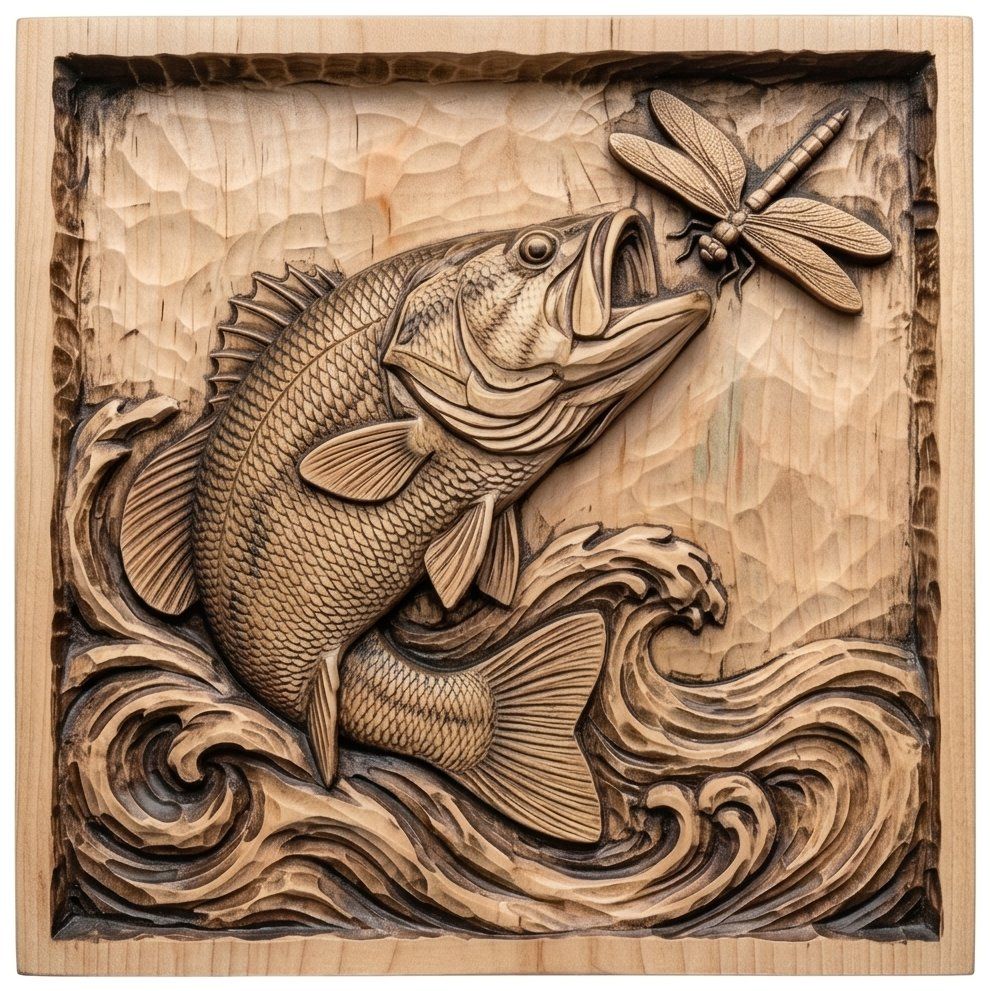 Jumping Bass Fish Wall Art Panel | Freshwater Fishing Wood Carving | Outdoor Nature Scene Decor | Large Mouth Bass Relief — carved bas relief STL file for CNC