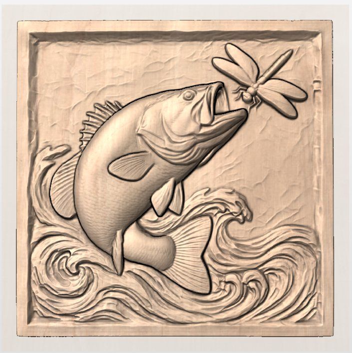 Jumping Bass Fish Wall Art Panel bas-relief STL — view 3