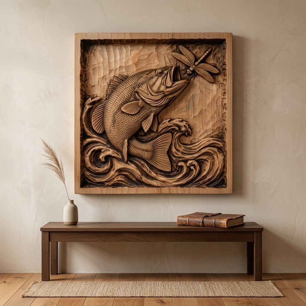 Jumping Bass Fish Wall Art Panel bas-relief STL — view 4