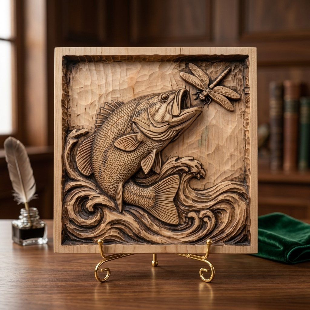 Jumping Bass Fish Wall Art Panel bas-relief STL — view 5