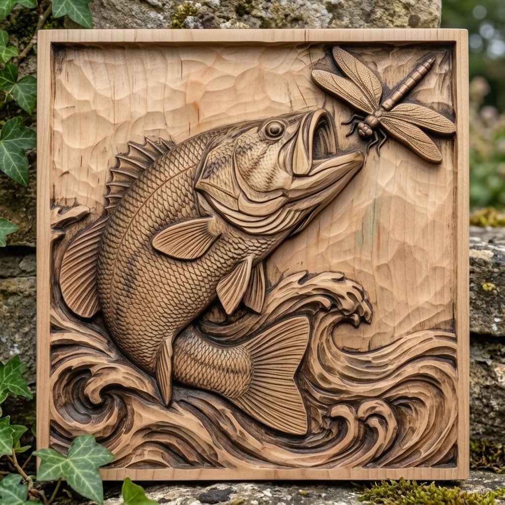 Jumping Bass Fish Wall Art Panel bas-relief STL — view 6