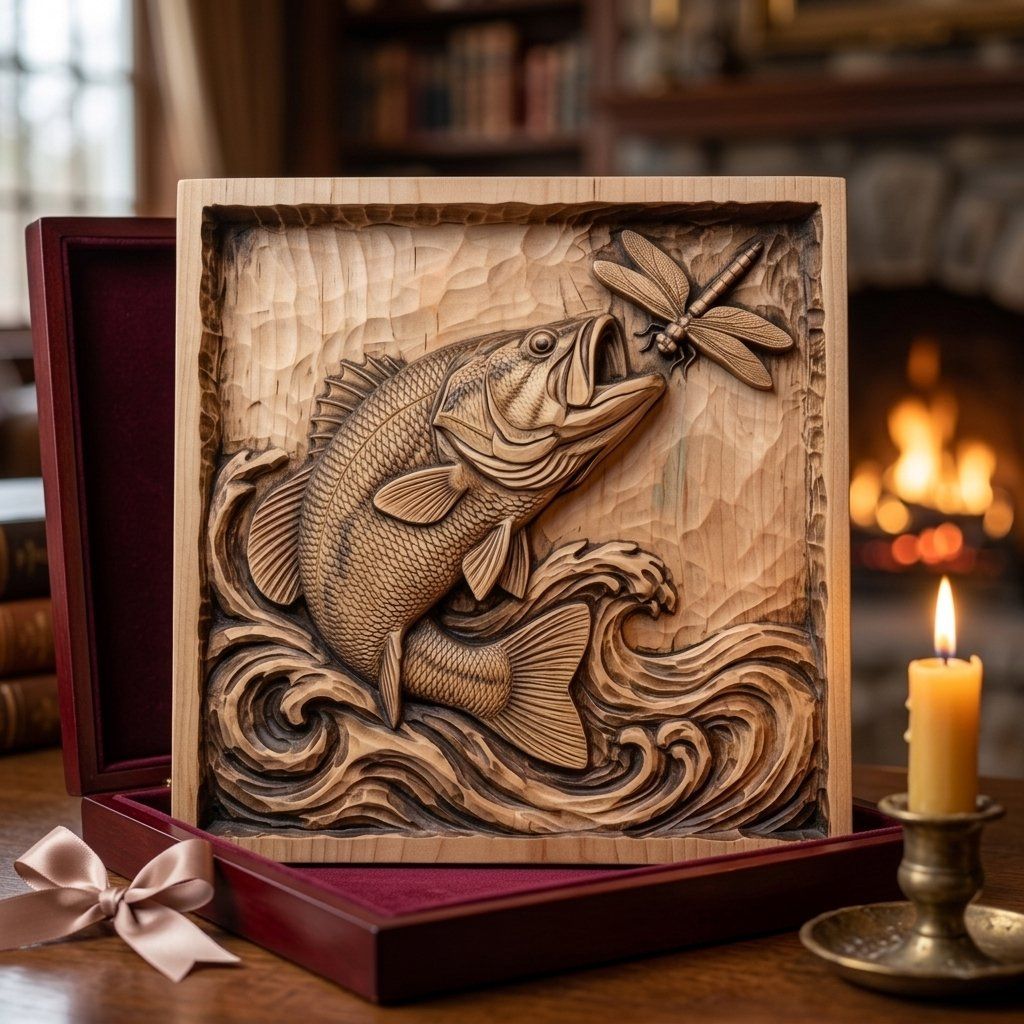 Jumping Bass Fish Wall Art Panel bas-relief STL — view 7
