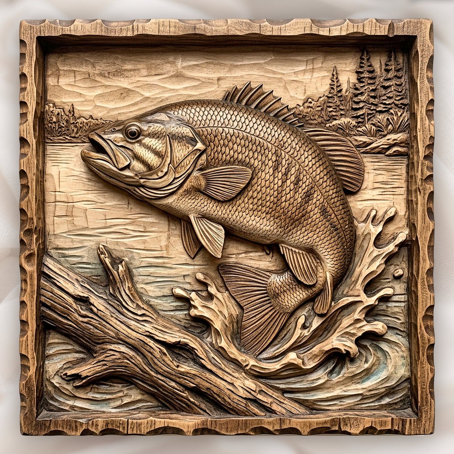 Jumping Bass Fishing Scene CNC Relief STL bas-relief STL design