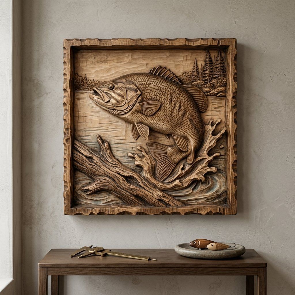 Jumping Bass Fishing Scene CNC Relief STL bas-relief STL — view 13