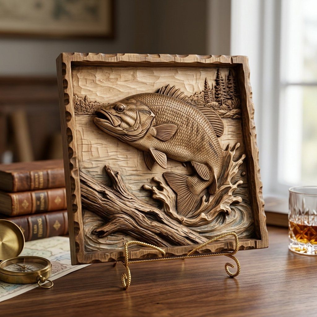 Jumping Bass Fishing Scene CNC Relief STL bas-relief STL — view 3