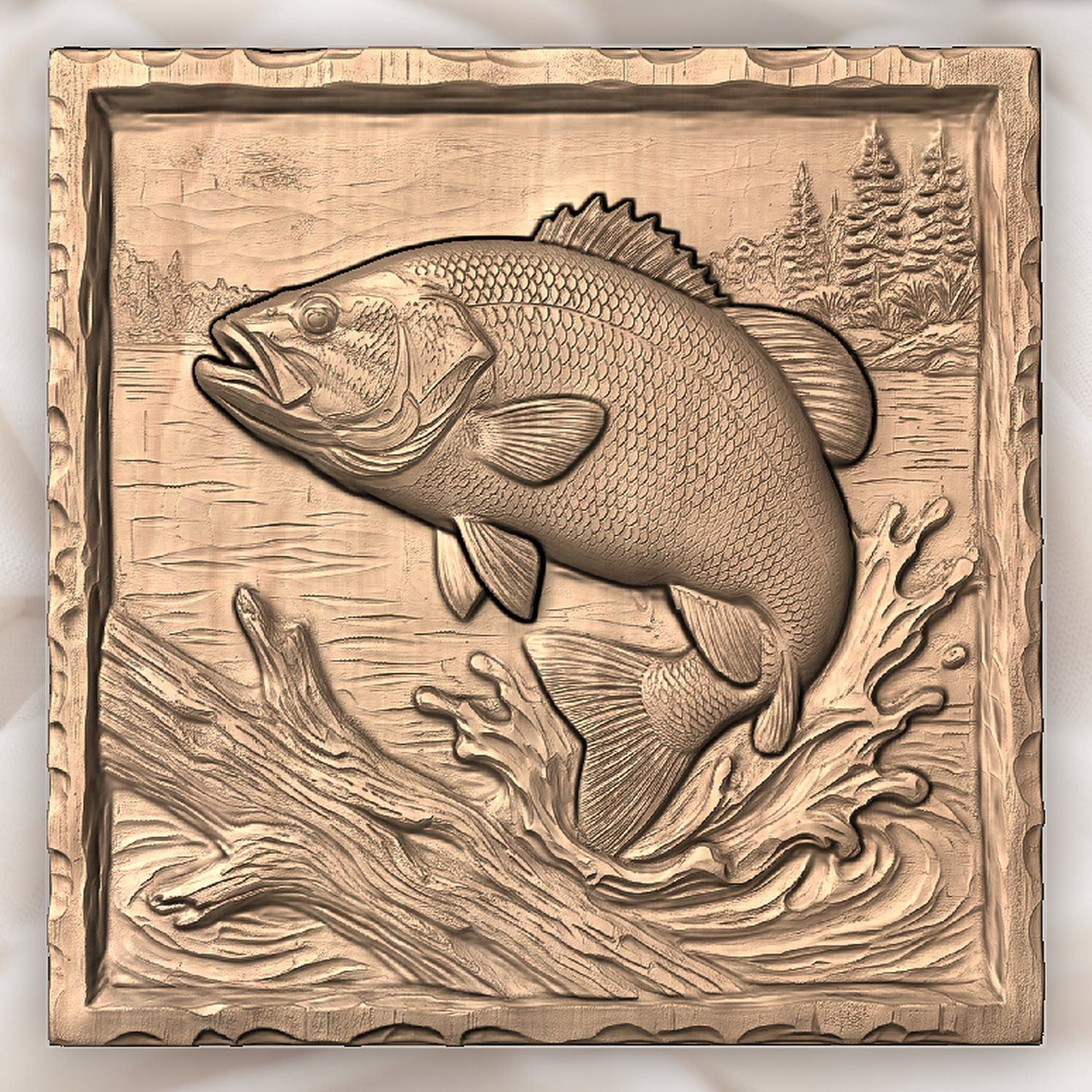 Jumping Bass Fishing Scene CNC Relief STL bas-relief STL — view 4