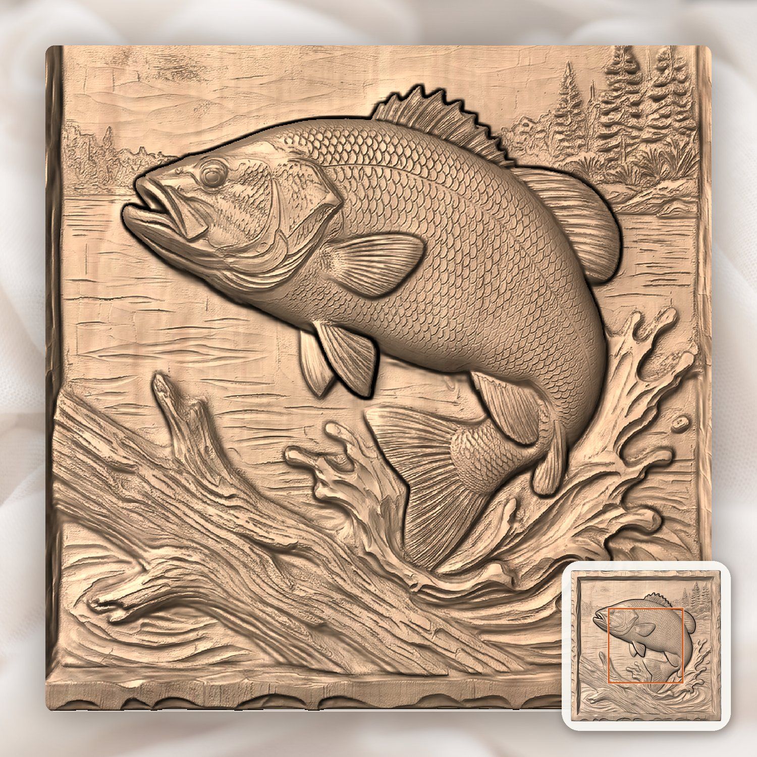 Jumping Bass Fishing Scene CNC Relief STL bas-relief STL — view 6
