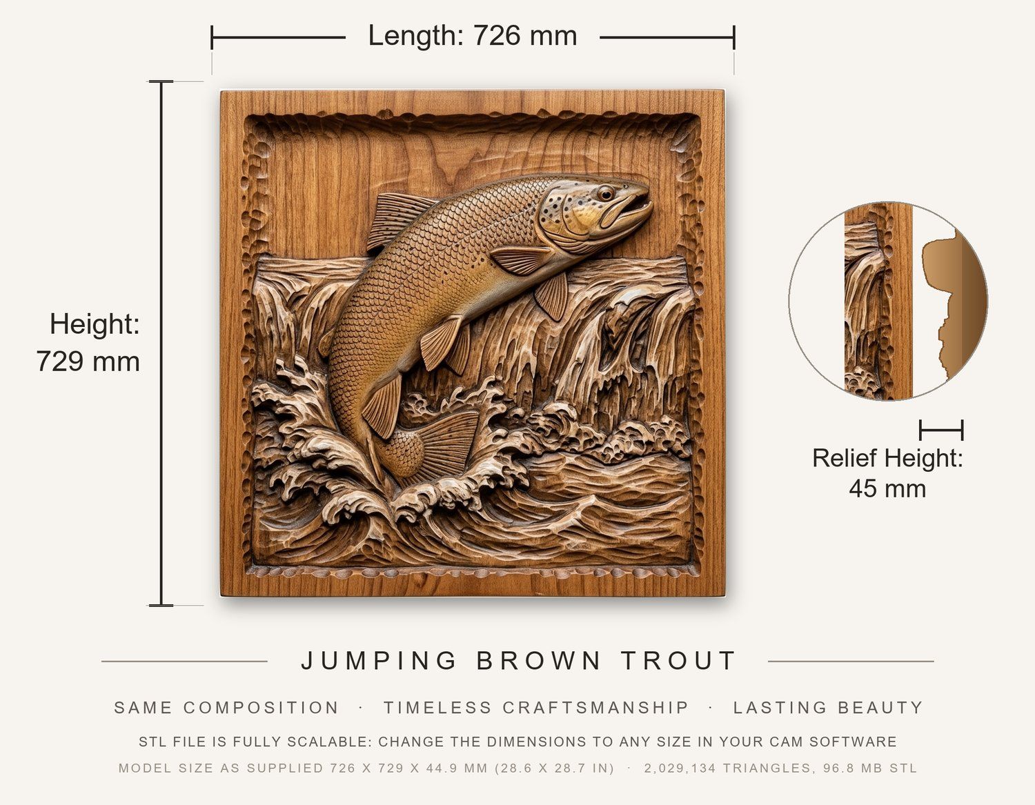 Jumping Brown Trout CNC Relief STL bas-relief STL — view 3