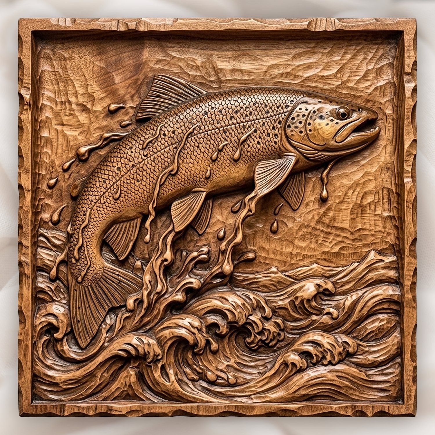 Jumping Brown Trout River Splash CNC Relief STL bas-relief STL design