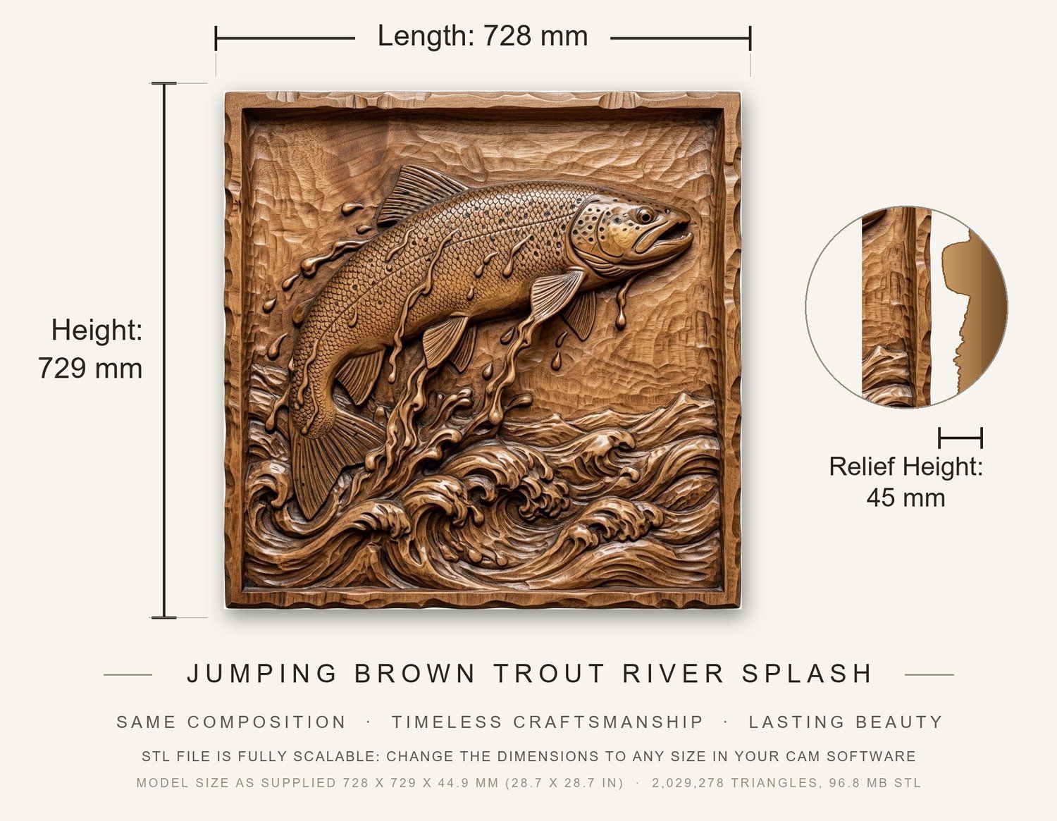 Jumping Brown Trout River Splash CNC Relief STL bas-relief STL — view 3