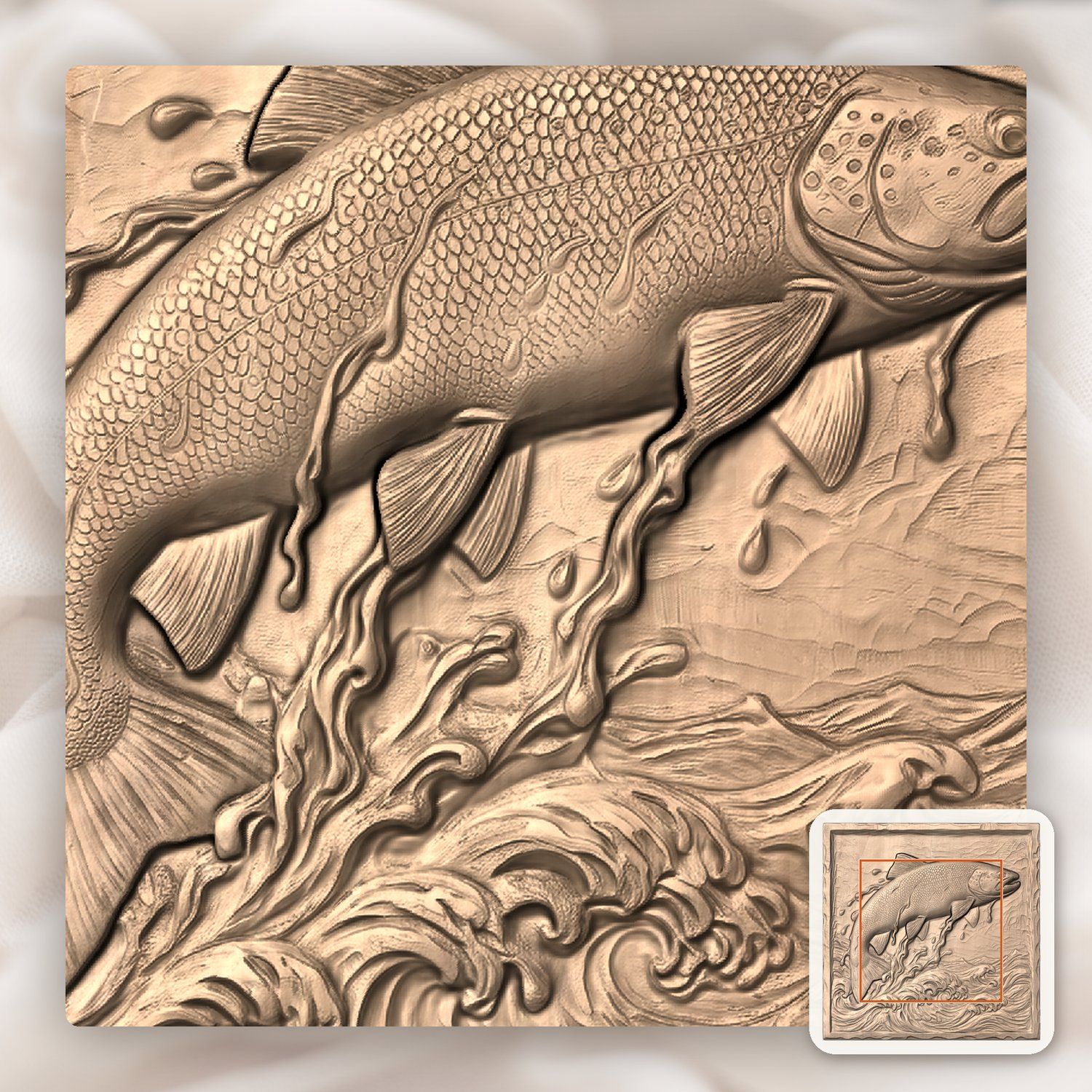 Jumping Brown Trout River Splash CNC Relief STL bas-relief STL — view 6
