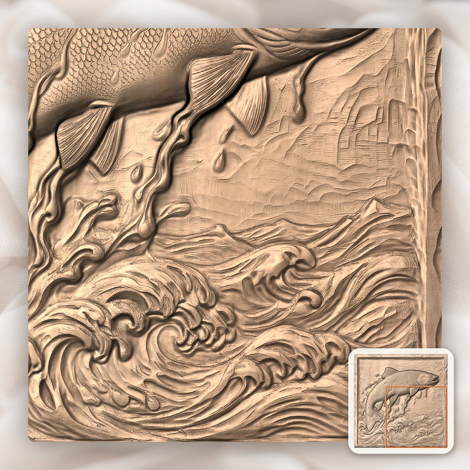 Jumping Brown Trout River Splash CNC Relief STL bas-relief STL — view 9