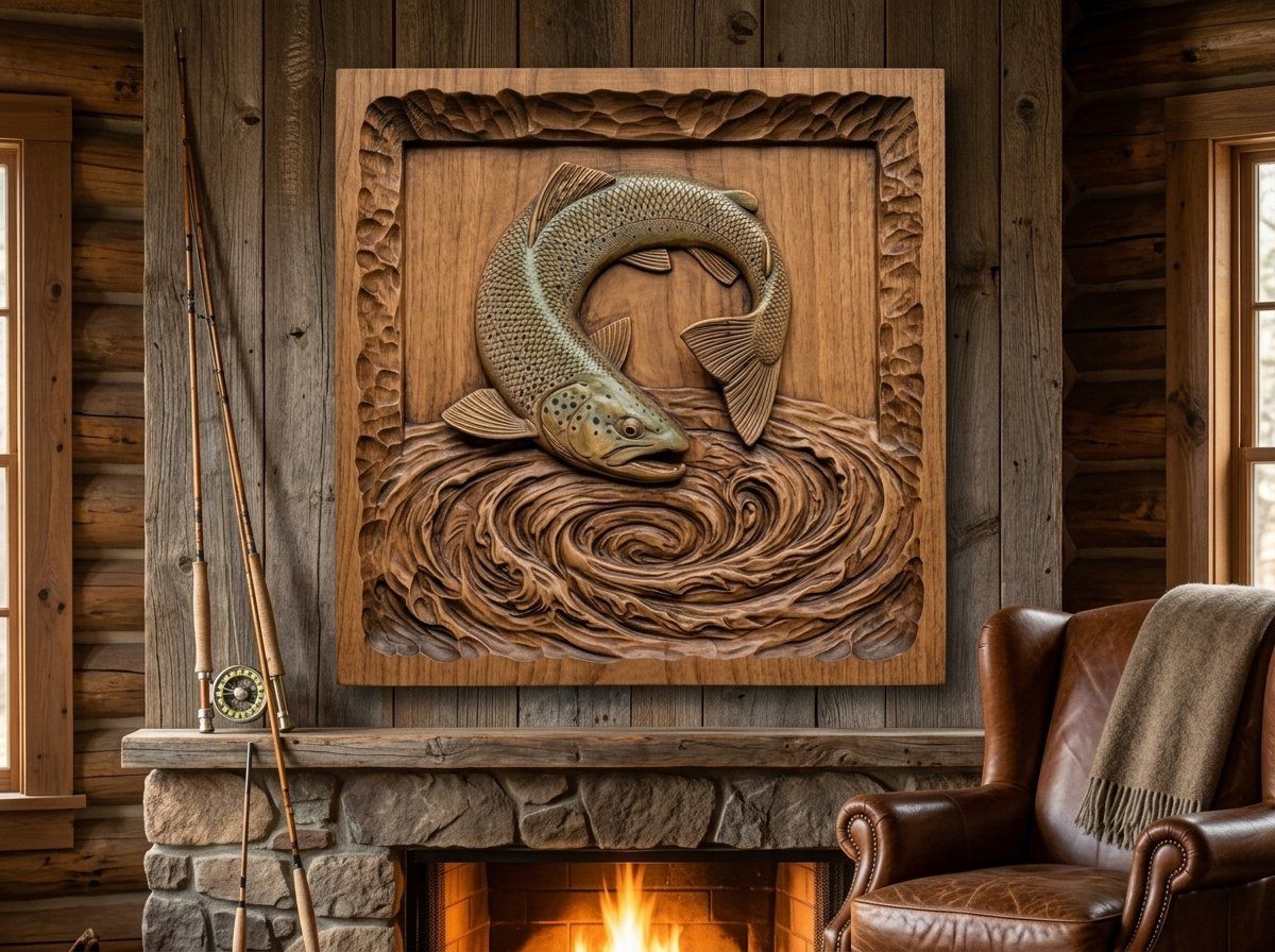 Jumping Brown Trout River Whirlpool CNC Relief STL bas-relief STL — view 12