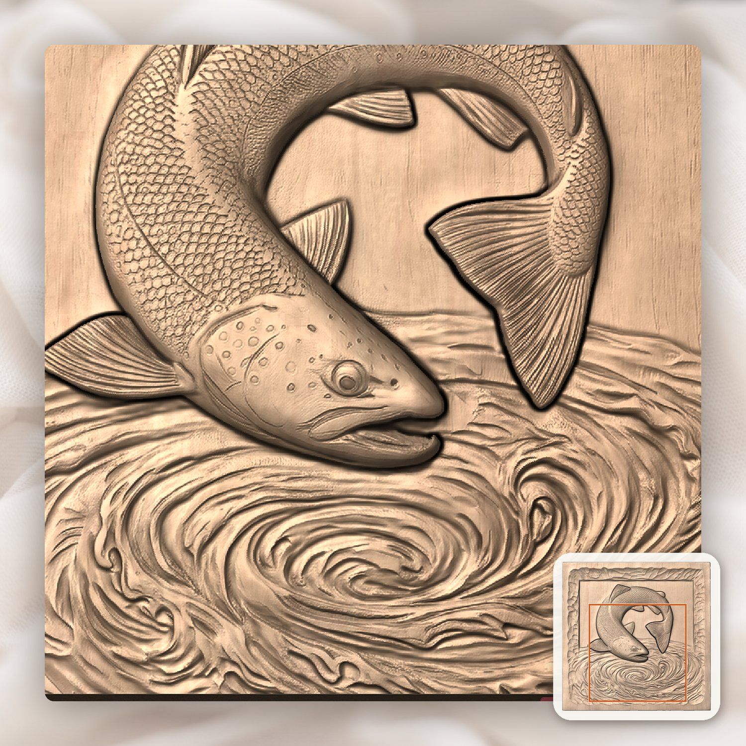 Jumping Brown Trout River Whirlpool CNC Relief STL bas-relief STL — view 6