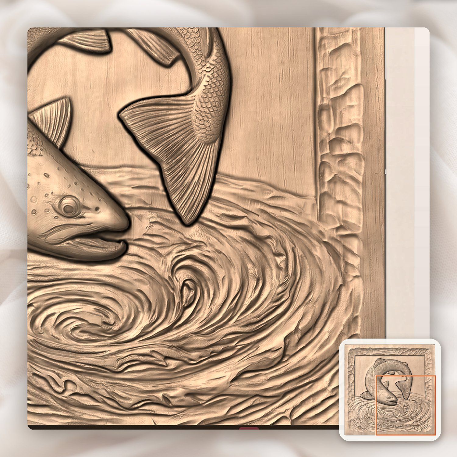 Jumping Brown Trout River Whirlpool CNC Relief STL bas-relief STL — view 7
