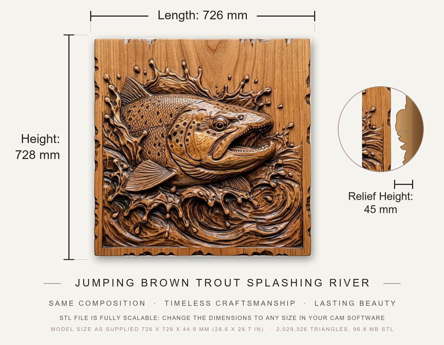 Jumping Brown Trout Splashing River CNC Relief STL bas-relief STL — view 3