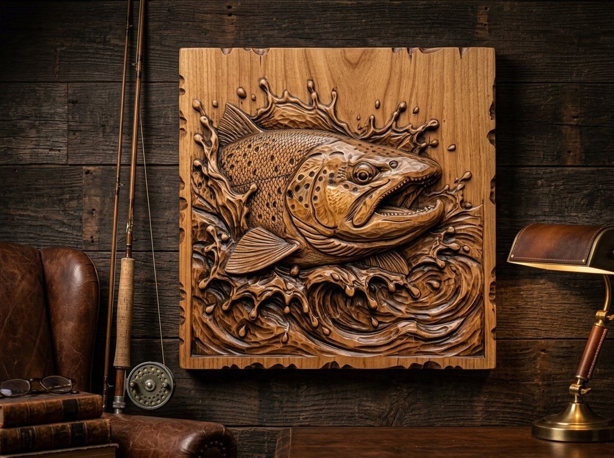 Jumping Brown Trout Splashing River CNC Relief STL bas-relief STL — view 12