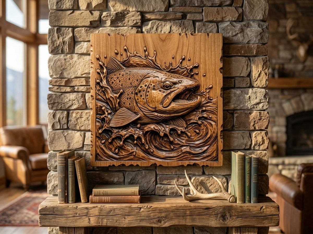 Jumping Brown Trout Splashing River CNC Relief STL bas-relief STL — view 13