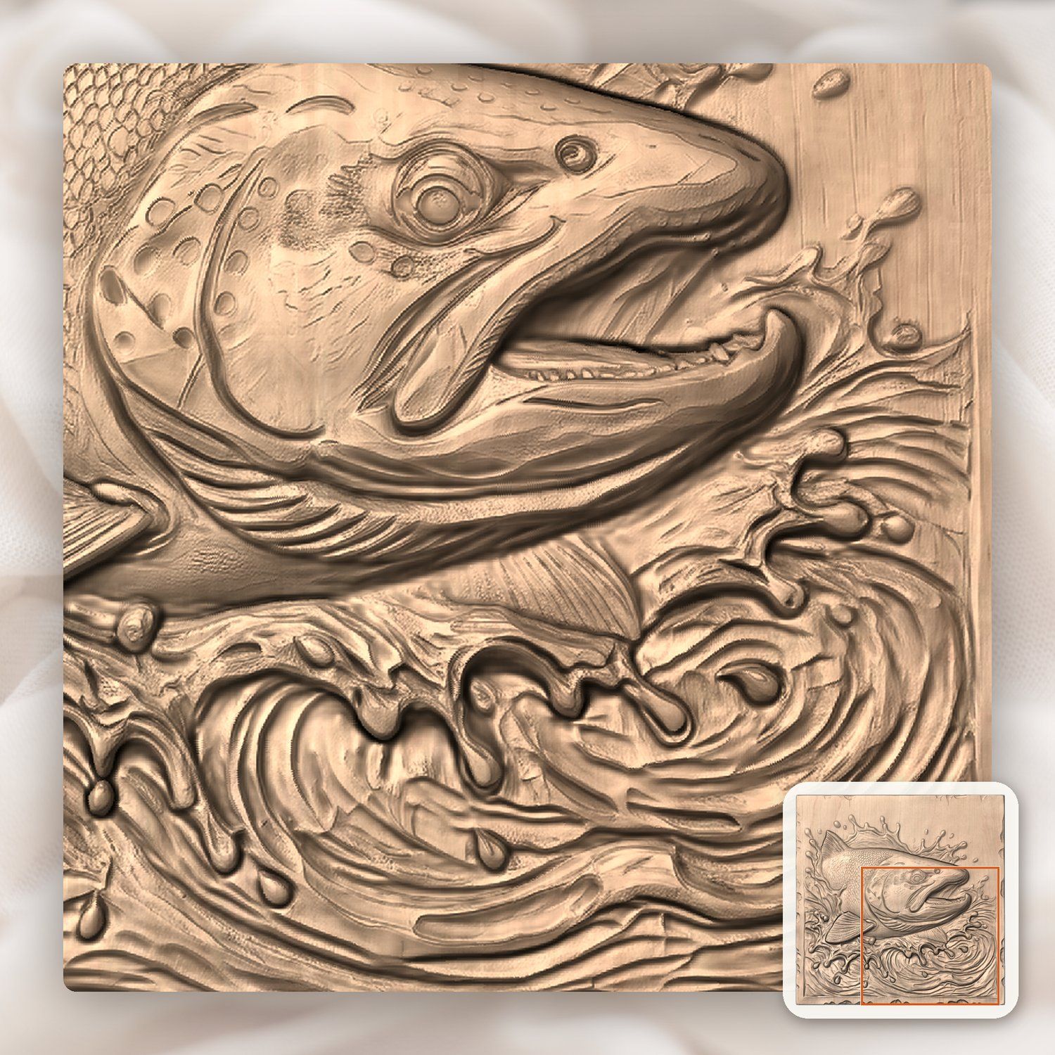 Jumping Brown Trout Splashing River CNC Relief STL bas-relief STL — view 6