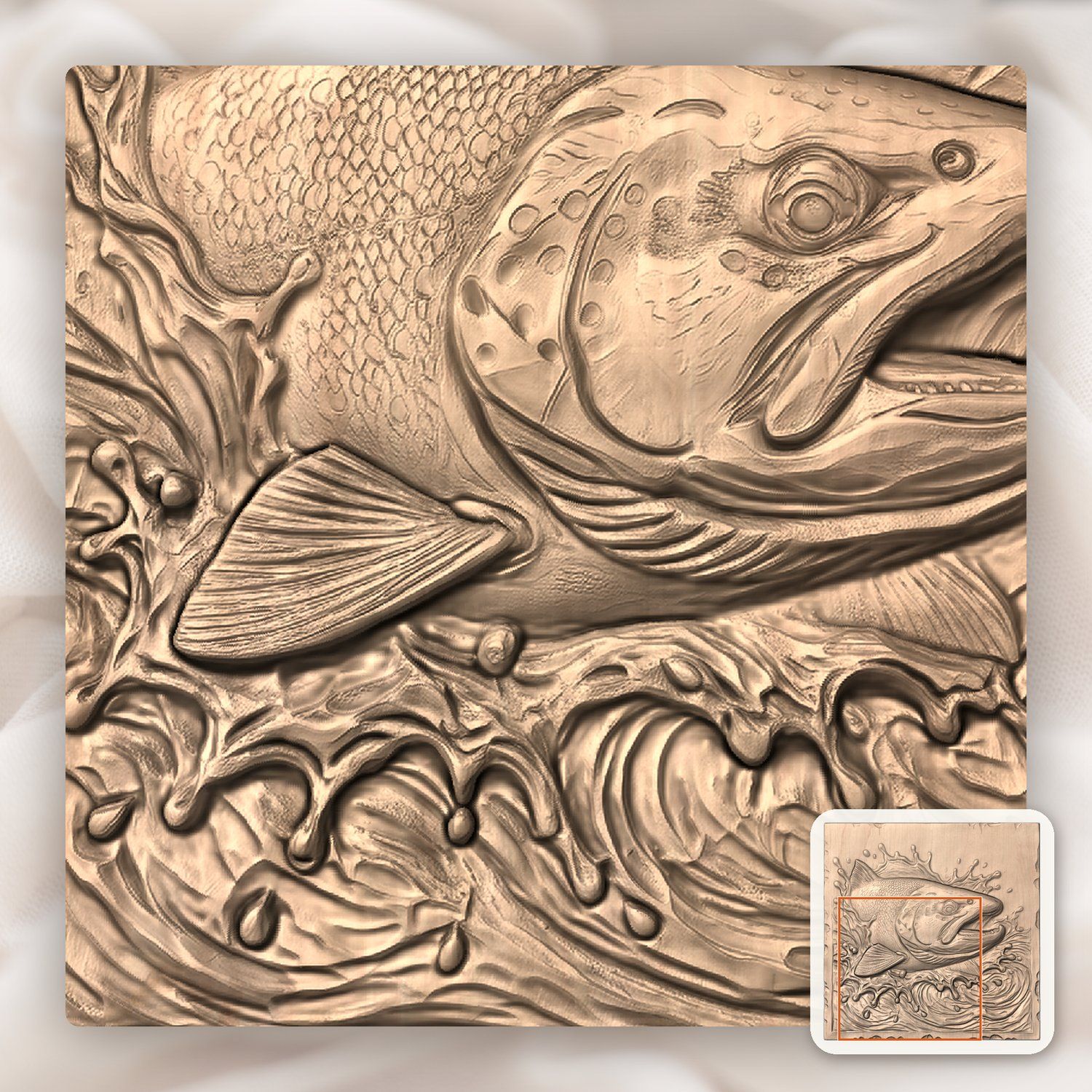 Jumping Brown Trout Splashing River CNC Relief STL bas-relief STL — view 7