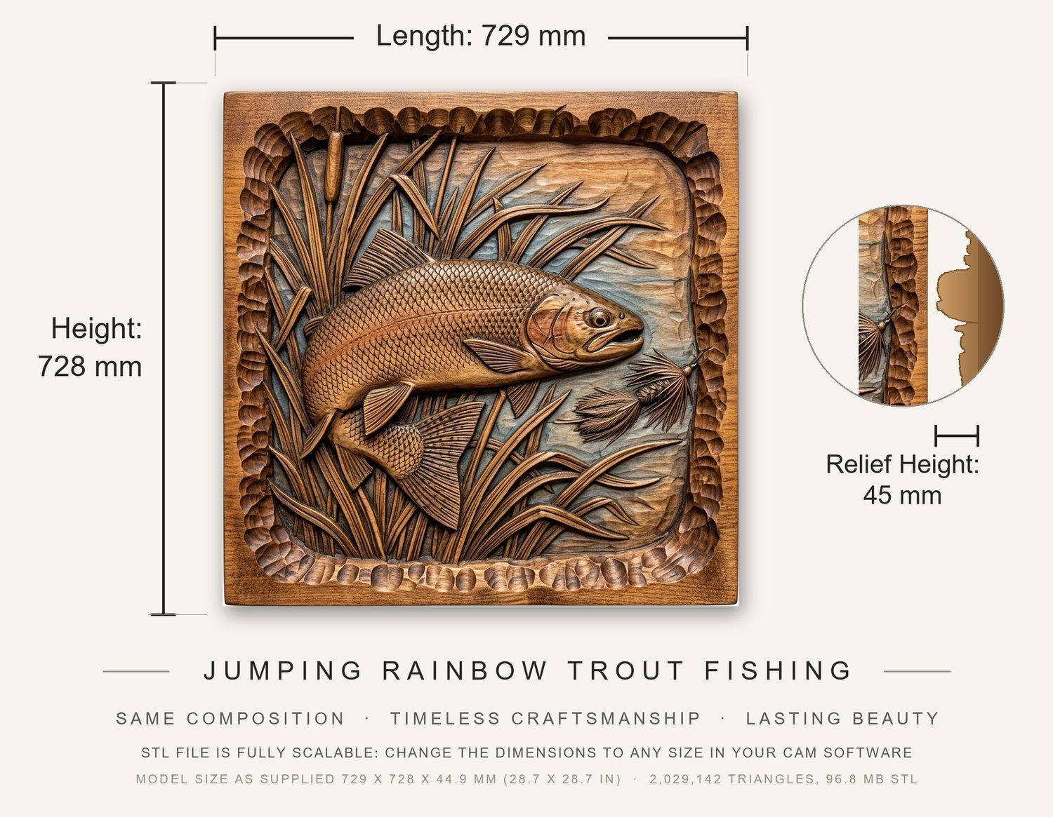 Jumping Rainbow Trout Fishing CNC Relief STL bas-relief STL — view 3