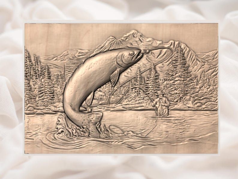 Leaping Rainbow Trout STL with Mountain River and Fly Angler bas-relief STL — view 2