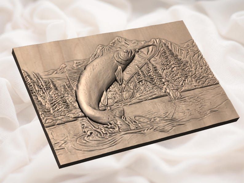 Leaping Rainbow Trout STL with Mountain River and Fly Angler bas-relief STL — view 3