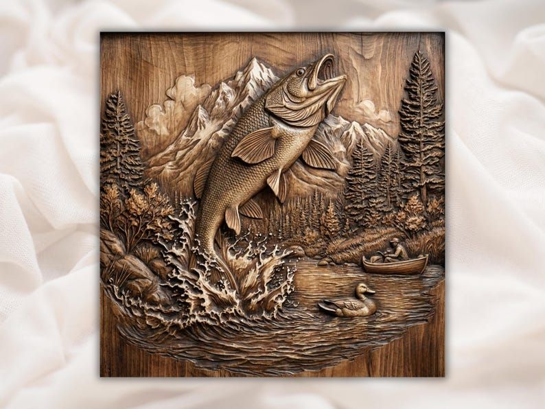 Bas-relief wood carving of a trout leaping from a mountain lake with pine trees, a small boat, and a duck