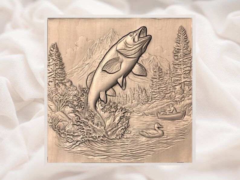 Leaping Trout Mountain Lake Bas-Relief STL with Boat and Duck bas-relief STL — view 2
