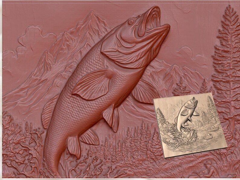 Leaping Trout Mountain Lake Bas-Relief STL with Boat and Duck bas-relief STL — view 3
