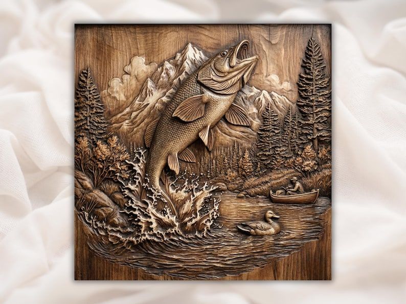 Leaping Trout Mountain Lake Bas-Relief STL with Boat and Duck bas-relief STL design