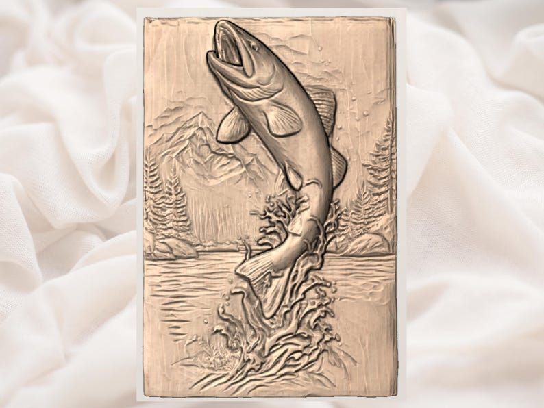 Leaping Trout Over a Mountain Lake Bas-Relief STL bas-relief STL — view 2