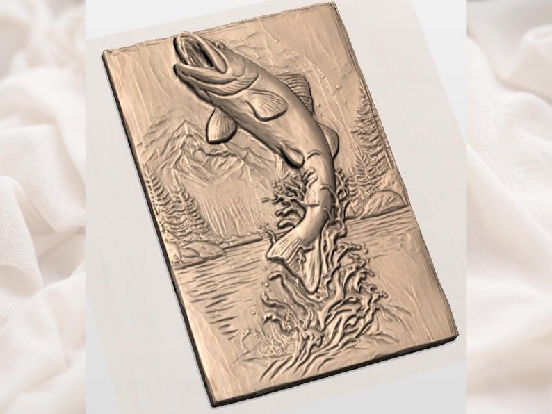 Leaping Trout Over a Mountain Lake Bas-Relief STL bas-relief STL — view 3