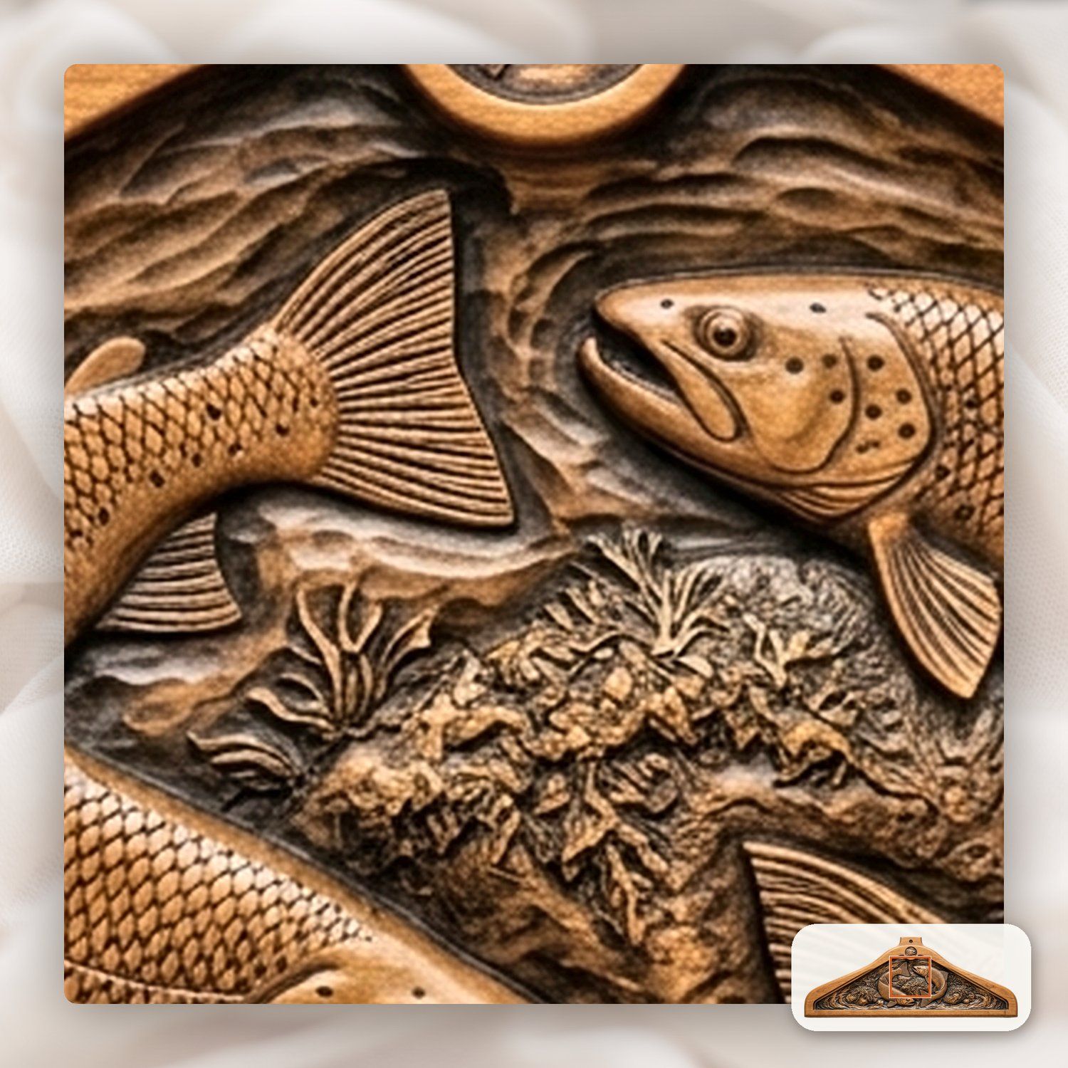 Wooden carved Coat hanger Jumping Trout Fish River Scene CNC Relief STL bas-relief STL — view 14