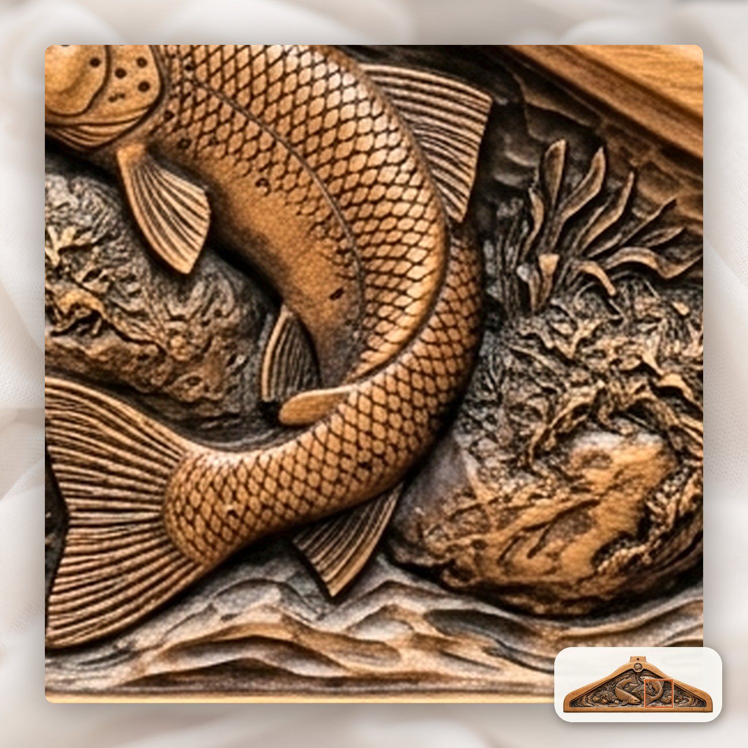 Wooden carved Coat hanger Jumping Trout Fish River Scene CNC Relief STL bas-relief STL — view 15