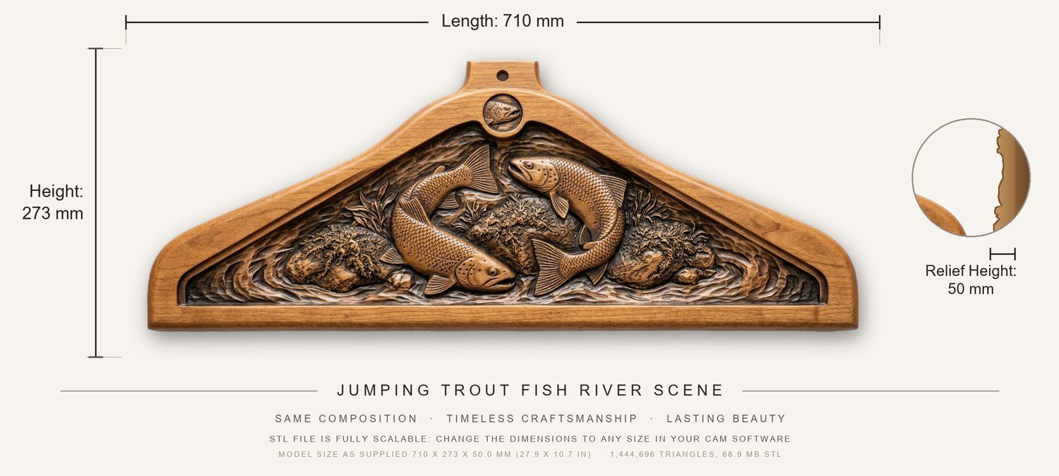 Wooden carved Coat hanger Jumping Trout Fish River Scene CNC Relief STL bas-relief STL — view 5