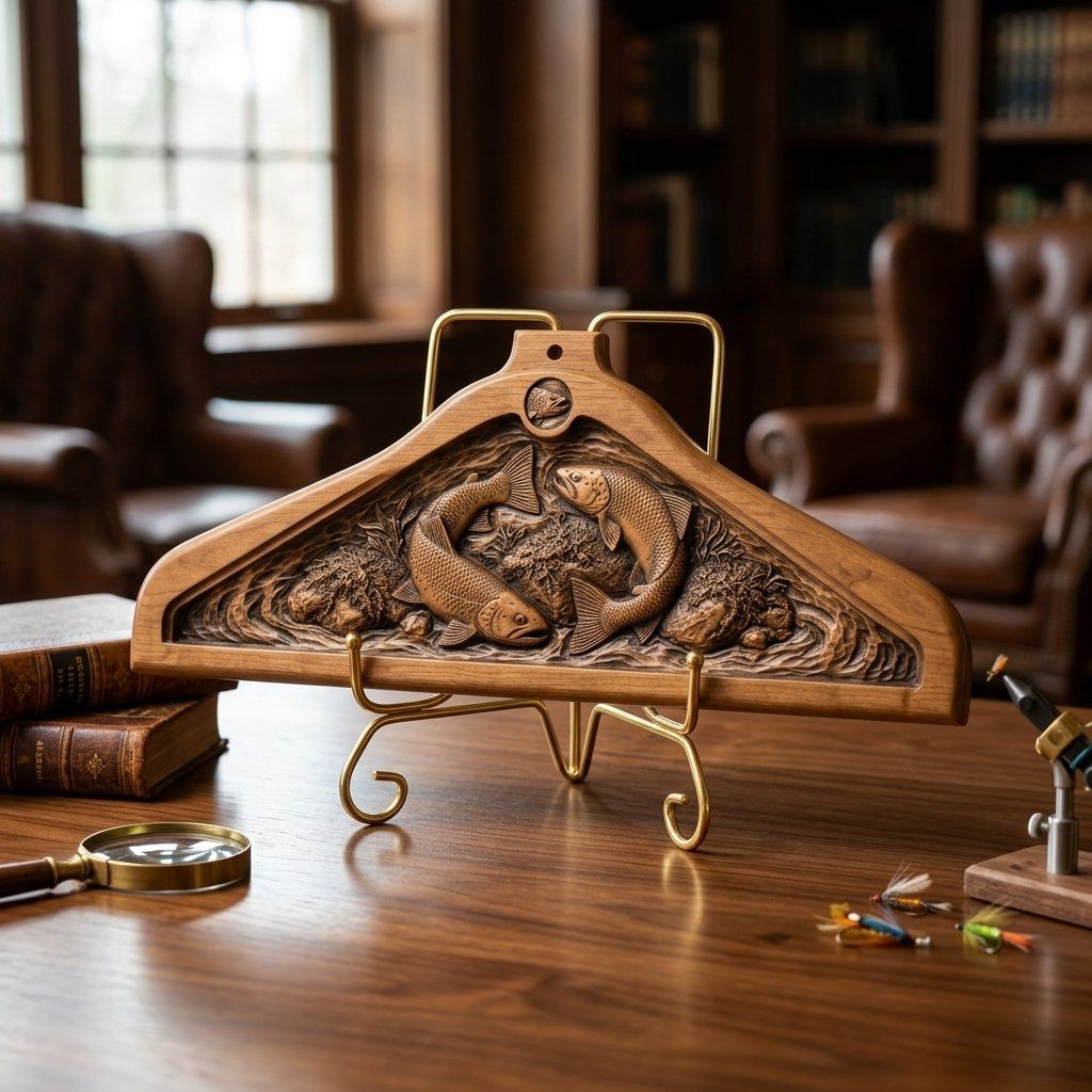 Wooden carved Coat hanger Jumping Trout Fish River Scene CNC Relief STL bas-relief STL — view 16