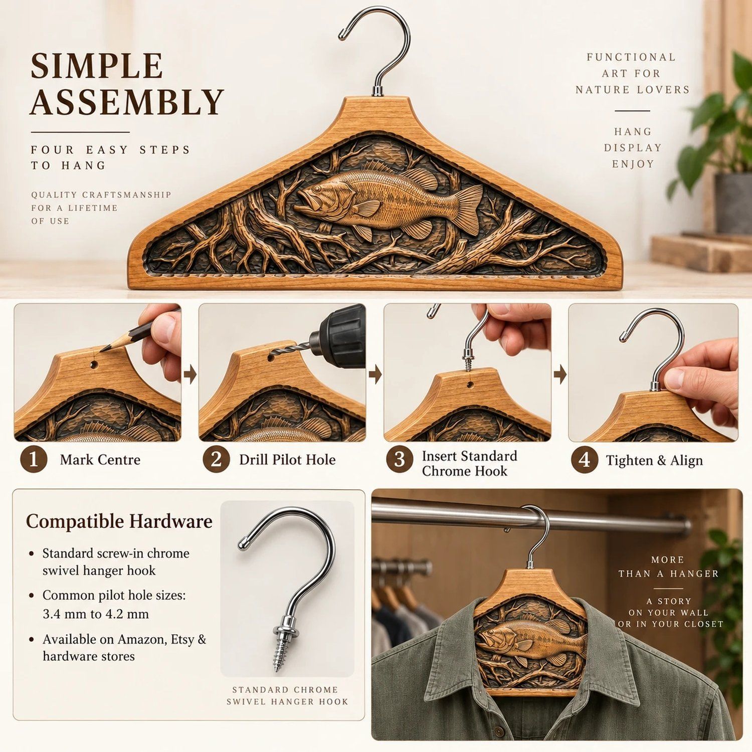 Wooden carved Coat hanger Jumping Trout Fish River Scene CNC Relief STL bas-relief STL — view 4