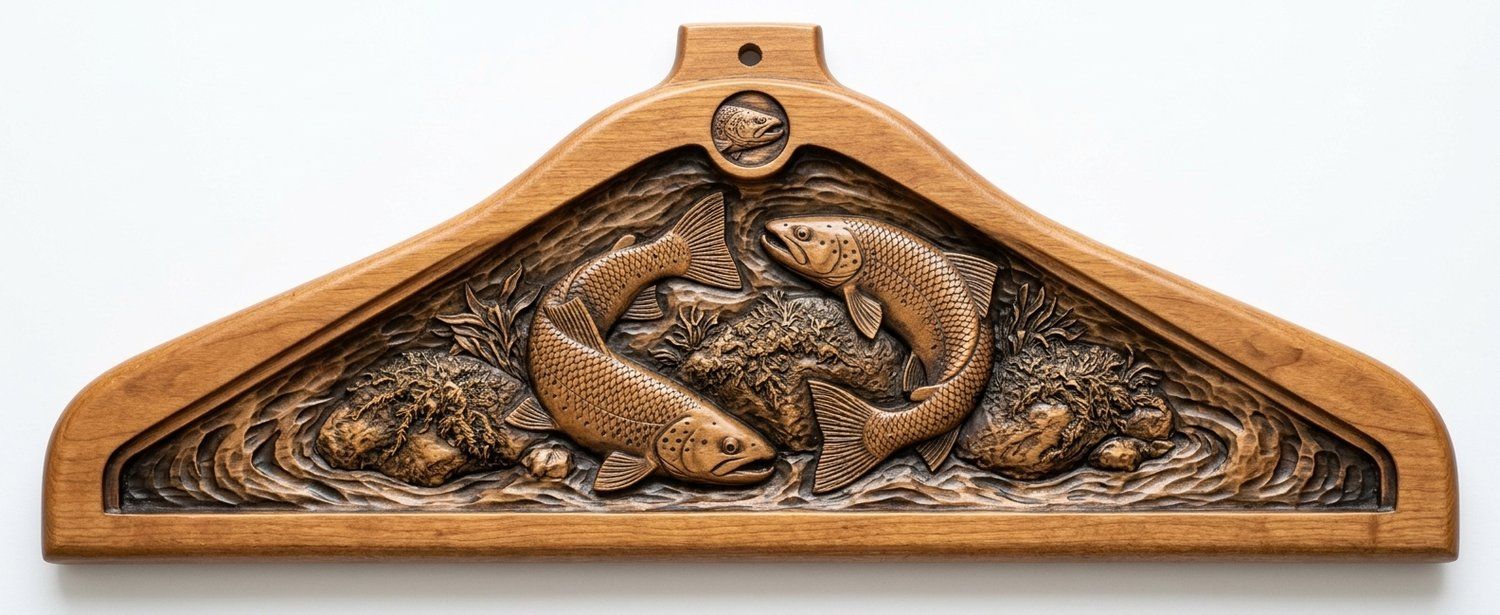 Wooden carved Coat hanger Jumping Trout Fish River Scene CNC Relief STL bas-relief STL — view 6
