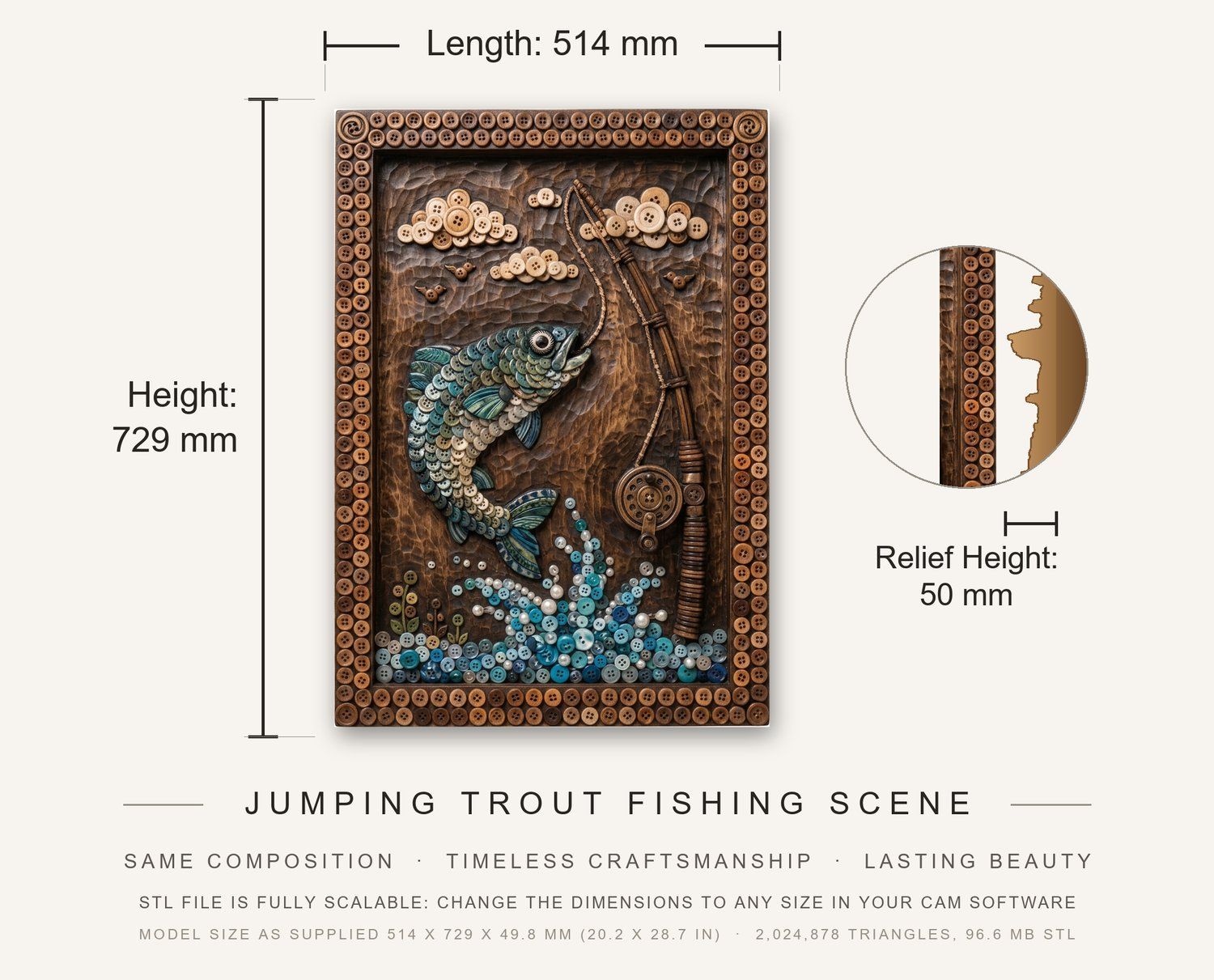Jumping Trout Fishing Scene CNC Relief STL bas-relief STL — view 3