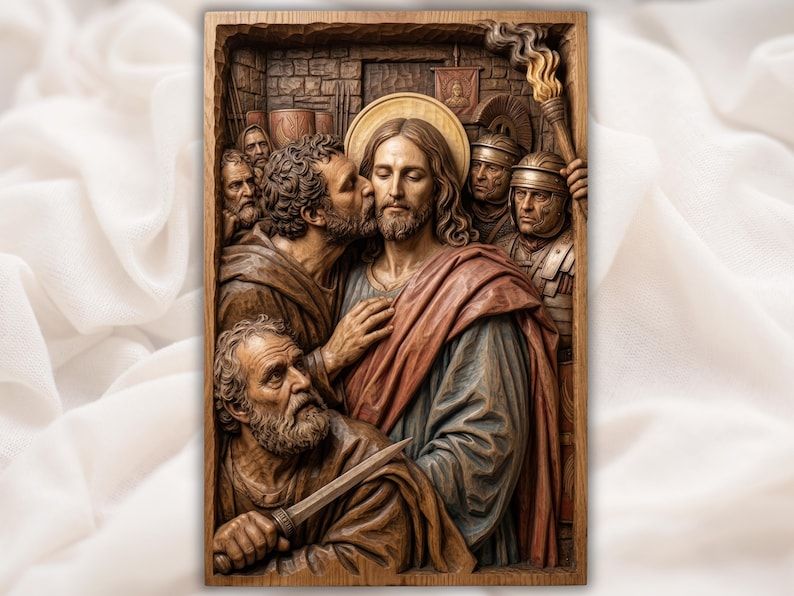 Carved wood bas-relief of Judas kissing Jesus, with a disciple holding a sword and Roman soldiers behind.